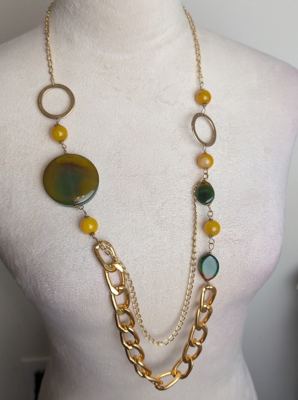 Gold Tone Statement Necklace with Genuine Green Agate & Glass Beads Asymmetric